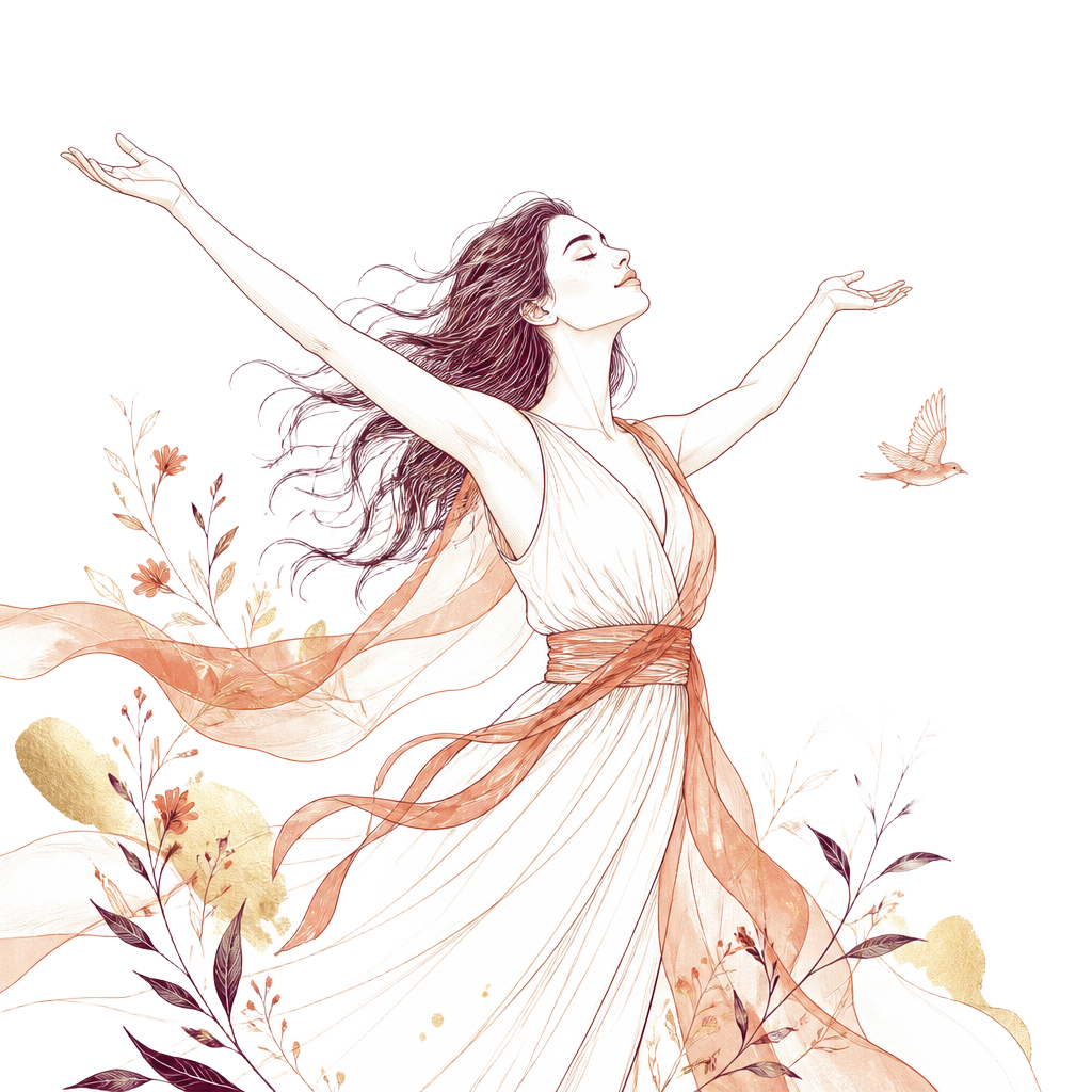 An editorial illustration of a woman standing with her arms open, birds and leaves around her