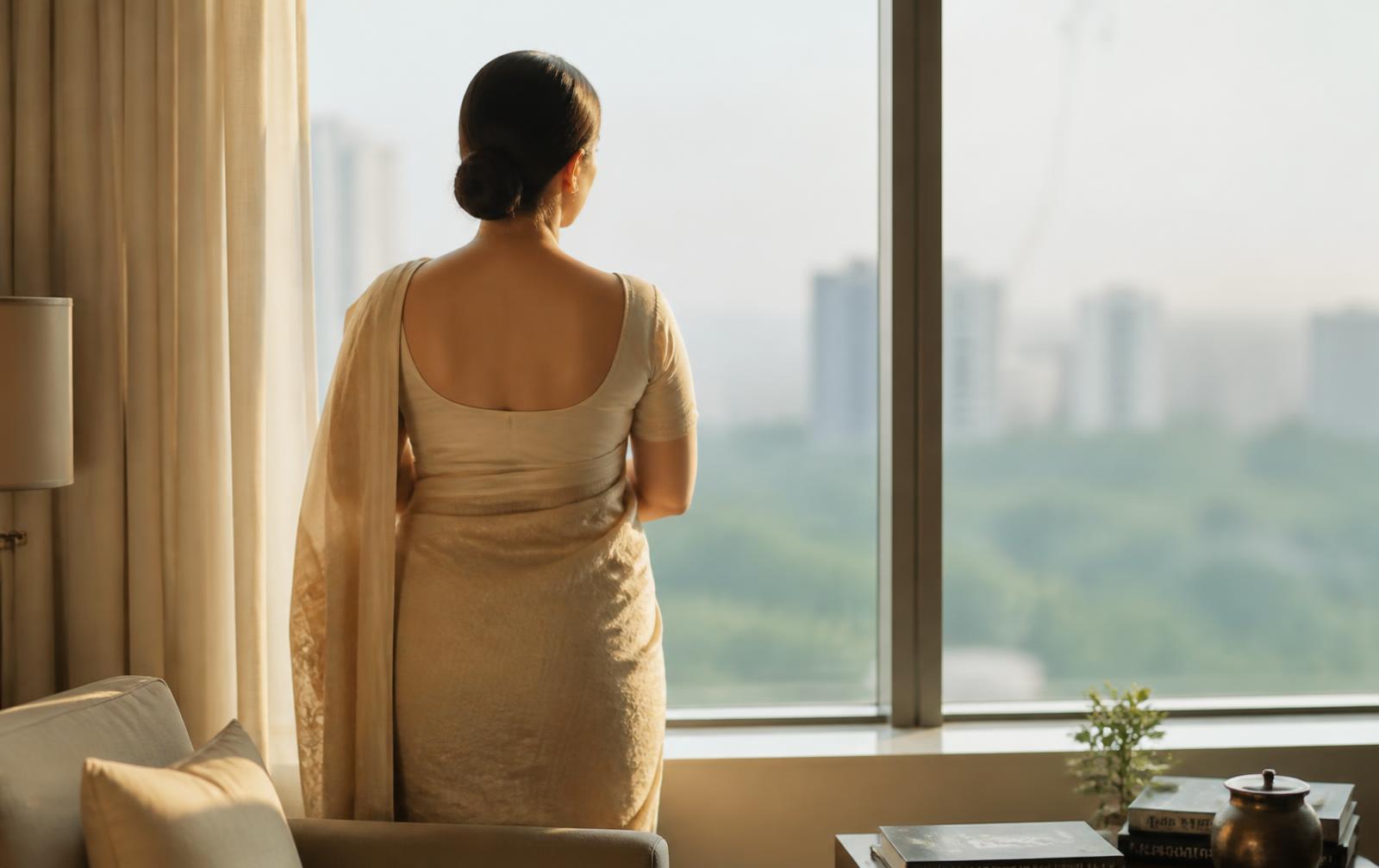 A woman standing alone at a window in the early morning, seen from behind