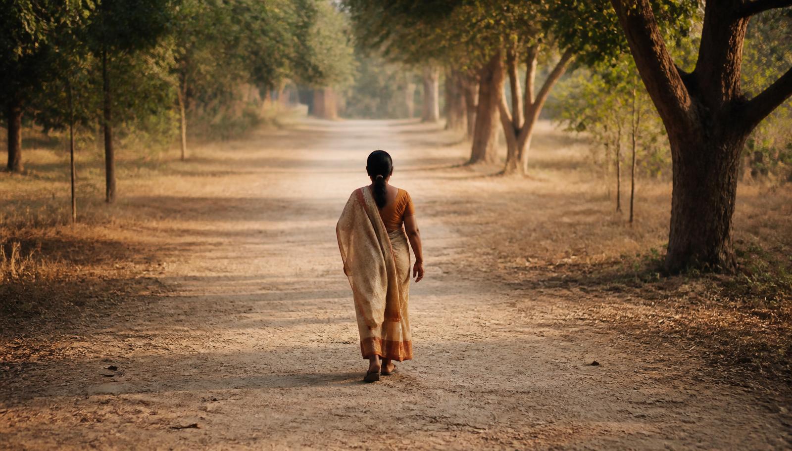 A woman walking alone on a quiet tree-lined path in warm morning light