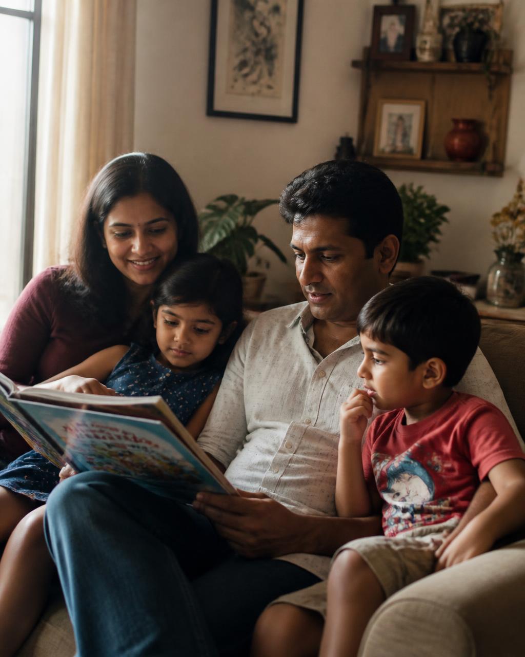 A family sitting together at home in late afternoon light