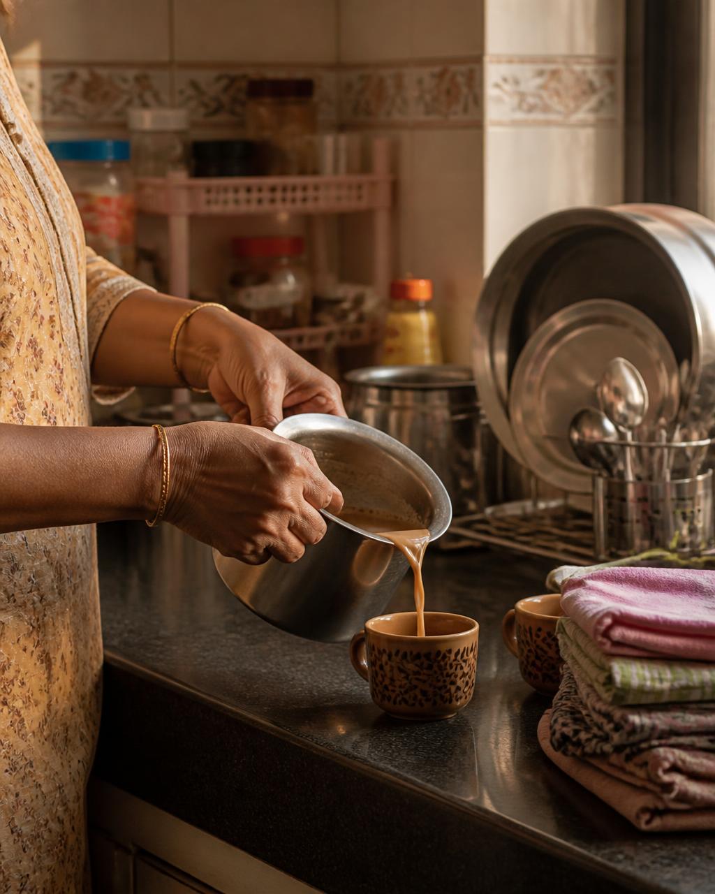 Hands pouring tea in a warm kitchen in the morning