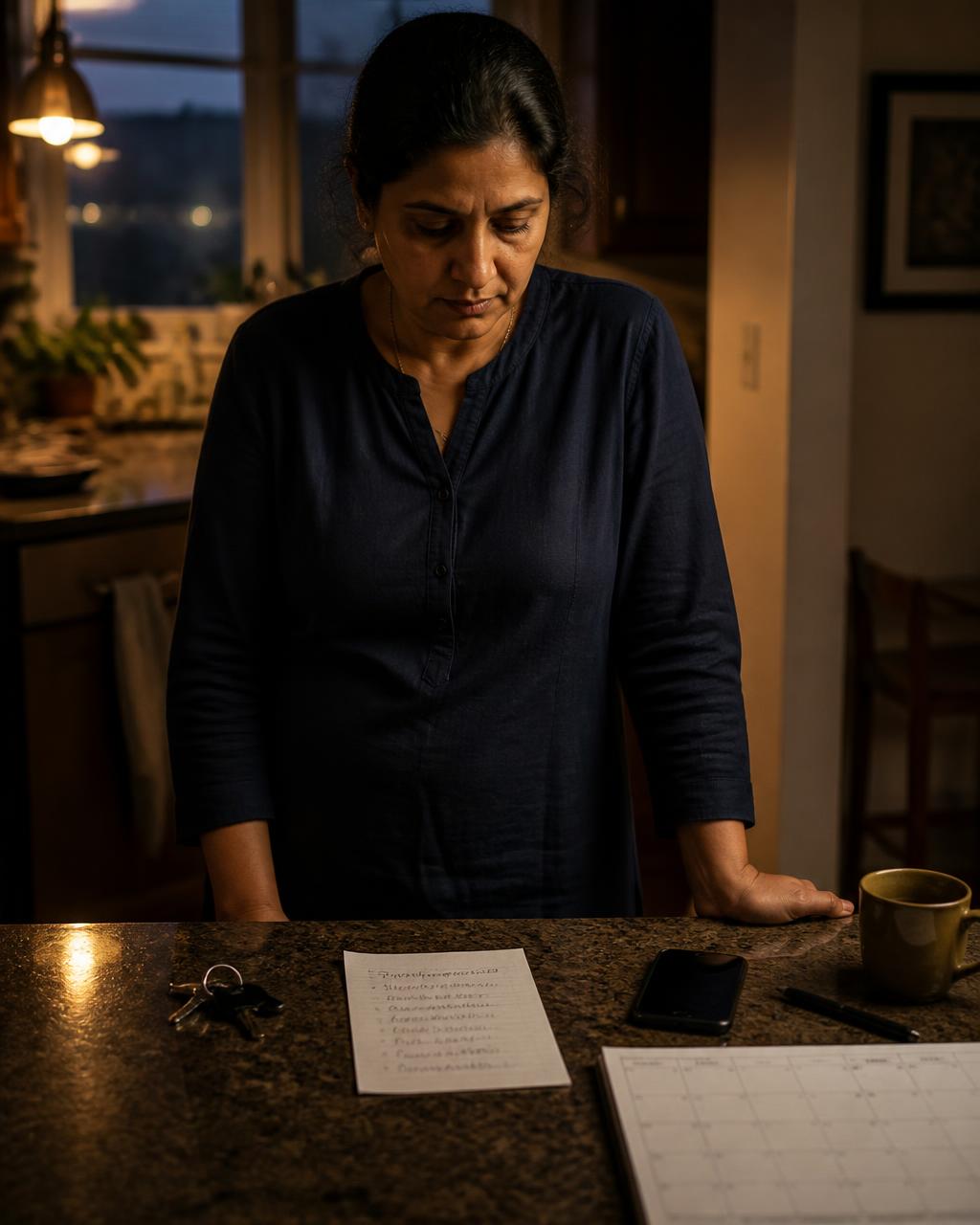 A woman standing quietly at a kitchen counter in the evening beside a handwritten list