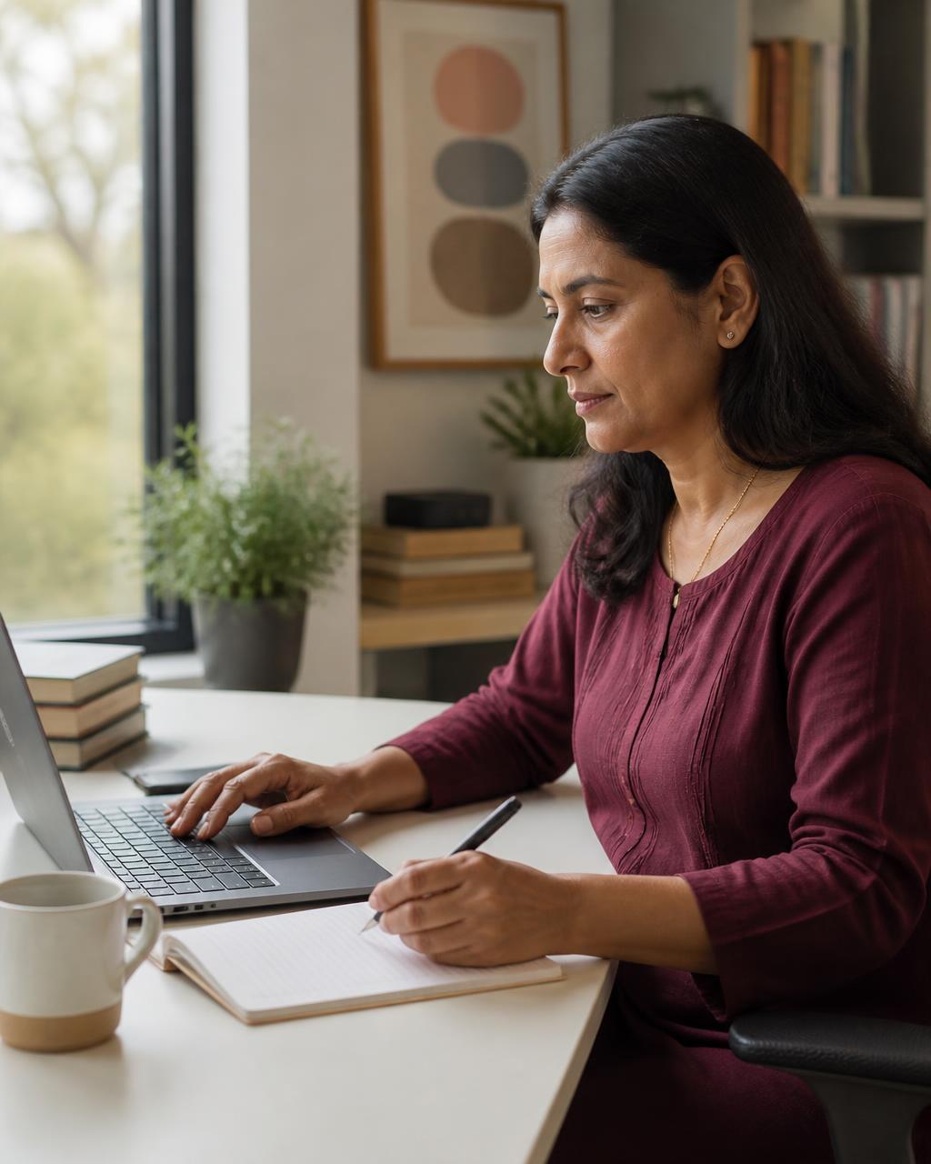 A woman working at her desk beside a window